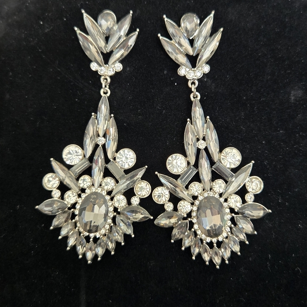 Elegant Large Silver Crystal Drop Earrings